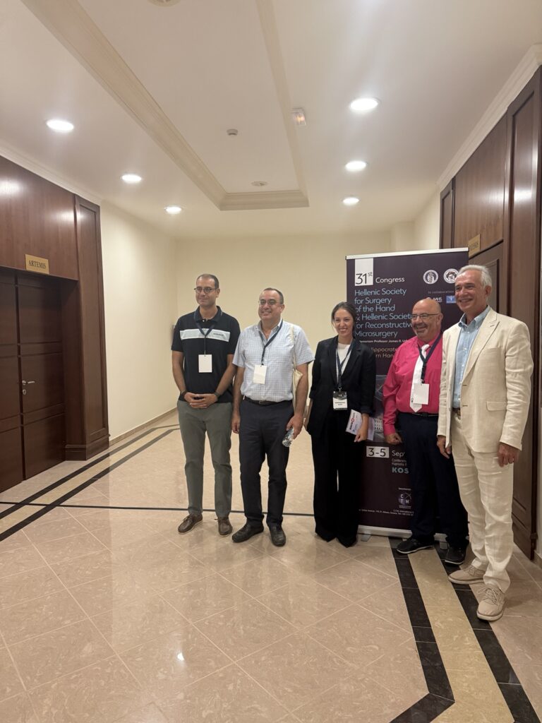 From left: Dr Safa Serif, Consultant Orthopaedic Surgeon at Sismanoglio General Hospital of Komotini; Dr Constantinos Kritiotis, Consultant Orthopaedic Hand Surgeon and President and Co-Founder of the Cyprus Society for Surgery of the Hand; Dr Eleni Karagergou, Plastic, Reconstructive and Hand Surgeon in the Hand Unit of the 1st Orthopaedic Department, Aristotle University of Thessaloniki, G. Papanikolaou Hospital; Mr Petros Mikalef, Consultant Orthopaedic Hand and Spasticity Surgeon at the Royal Orthopaedic Hospital Birmingham; and Prof Panagiotis Givissis, Professor of Orthopaedics at Aristotle University of Thessaloniki and Director of the 1st Orthopaedic Department at G. Papanikolaou Hospital.